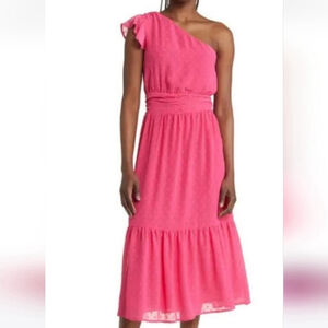 Chelsea28 One Shoulder Swiss Dot Pink Midi Dress NWOT